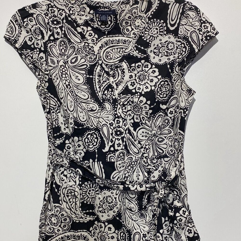 Tommy Hilfiger Womens Black White Paisley Floral Wrap Dress Cap Sleeve S P